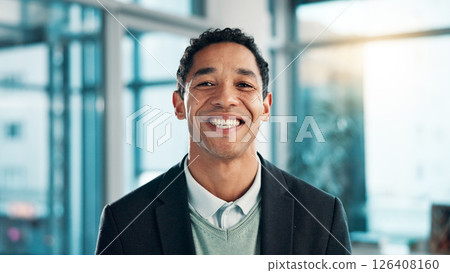 Business, portrait and smile of man in office for career in finance, investment or trading. About us, corporate and satisfied with happy professional in financial workplace for wealth management 126408160