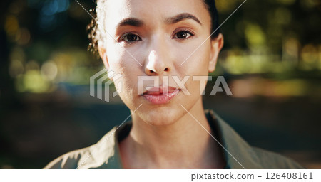 Portrait, woman and proud athlete in park on break in outdoor training, workout or nature in morning. Face, confidence and healthy female person with smile for fitness, wellness or exercise in France 126408161