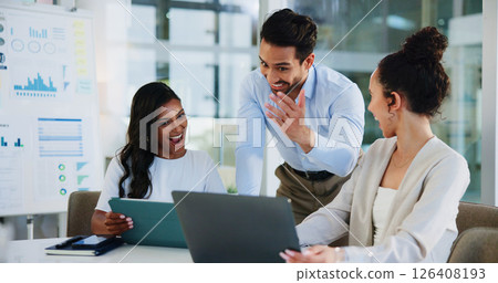 Business, laptop and people with surprise in meeting for finance performance, company sales growth or good news. Financial analyst, teamwork and online report with KPI goals, budget target or success Business, laptop and people with surprise in meeting for finance performance, company sales growth or good news. Financial analyst, teamwork and online report with KPI goals, budget target or success 126408193