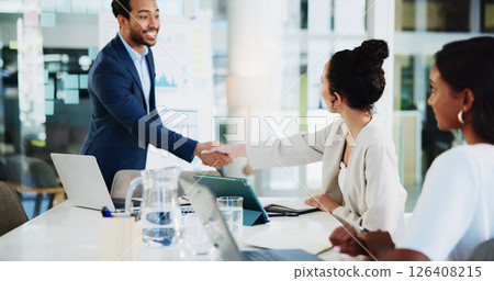 Handshake, interview and meeting with business people in office boardroom for onboarding or recruitment. Human resources, thank you or welcome with candidate man and woman shaking hands in workplace Handshake, interview and meeting with business people in office boardroom for onboarding or recruitment. Human resources, thank you or welcome with candidate man and woman shaking hands in workplace 126408215