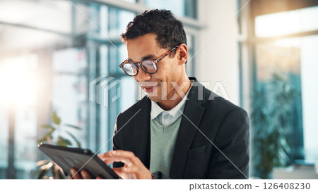 Smile, businessman and tablet in office for research, reading email or scroll insurance update for policy. Digital technology, online or employee on app for coverage, risk management or review claims Smile, businessman and tablet in office for research, reading email or scroll insurance update for policy. Digital technology, online or employee on app for coverage, risk management or review claims 126408230