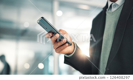 Business man, hands and scroll with phone in office for stock market price, trading account and check email. Professional, trader and smartphone for online investment, reading economy news and update 126408297