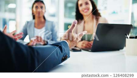 Hands, interview and business people with discussion in meeting for recruitment, deal or welcome. Conversation, laptop and human resources employees for worker onboarding, agreement or promotion 126408299