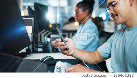 Computer, businessman and programmer with mobile in office, coding software and download app. Coworking, male person and developer with smartphone for web analytics, seo update and typing on break 126408328