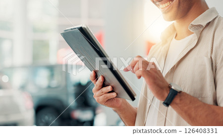 Choice, customer or hands with tablet in dealership for car insurance, purchase agreement or client application. Vehicle report, showroom and man with automobile history, options or digital signature 126408331