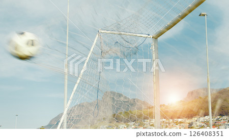 Goal, net and success for match, soccer and win for game, outdoor and victory for sport in morning. Achievement, shooting and target for football competition, score and accomplishment of penalty kick Goal, net and success for match, soccer and win for game, outdoor and victory for sport in morning. Achievement, shooting and target for football competition, score and accomplishment of penalty kick 126408351