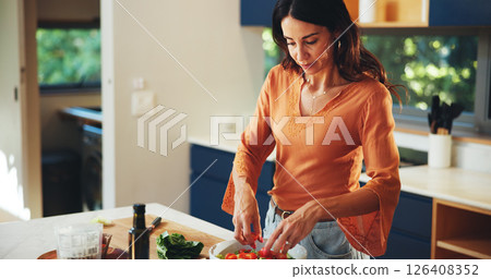 Meal prep, woman and salad with vegetables in kitchen for dinner recipe, vegetarian dish and nutrition. Nutritionist, ingredients and fresh tomato in home for brunch cuisine, vegan food and wellness Meal prep, woman and salad with vegetables in kitchen for dinner recipe, vegetarian dish and nutrition. Nutritionist, ingredients and fresh tomato in home for brunch cuisine, vegan food and wellness 126408352