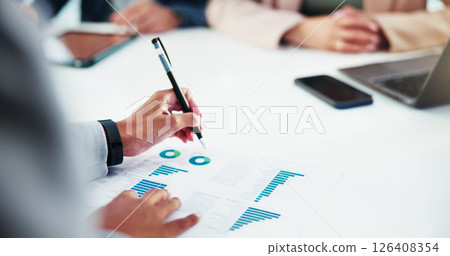 Paperwork, finance and hands of business people in office for statistics, profit or revenue analysis. Meeting, documents and financial managers with data report for budget planning with discussion. Paperwork, finance and hands of business people in office for statistics, profit or revenue analysis. Meeting, documents and financial managers with data report for budget planning with discussion. 126408354