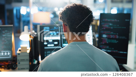 Office, man and programmer with computer screen for coding, backend script and engineer at night. Back, business person and developer with digital for software development, system update and testing Office, man and programmer with computer screen for coding, backend script and engineer at night. Back, business person and developer with digital for software development, system update and testing 126408367
