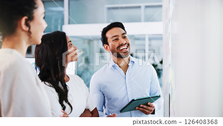 Glass wall, tablet and business people in office, planning and conversation for social media project. Employees, technology and PR agency with ideas, brainstorming and proposal for company website 126408368