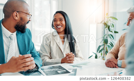 Teamwork, meeting and smile with business people in office for project proposal, account advisor and planning. Budget adviser, company treasurer and brainstorming with employees for revenue review 126408382