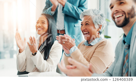 Business people, excited and audience applause for success, support or celebrate milestone at conference. Achievement, cheers and team clapping for goal, praise and laughing for excellence at seminar 126408389