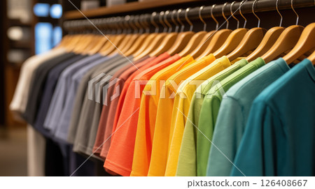 Colorful T-Shirts on Wooden Hangers in Clothing Store Display 126408667