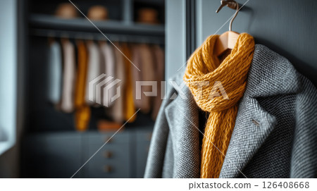 Gray Winter Coat with Yellow Scarf Hanging in Modern Closet 126408668