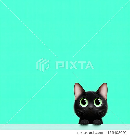 A charming black cat with vibrant green eyes peeks curiously from behind a surface against a bright teal background, embodying playful and whimsical vibes perfect for various uses. 126408691