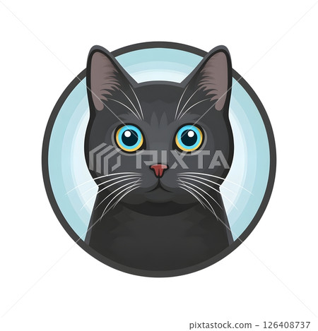A charming illustration of a black cat's face with vivid blue eyes, set against a circular backdrop 126408737