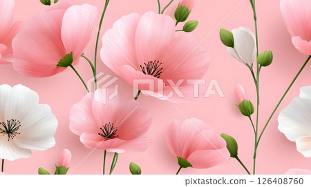 A beautiful arrangement of pink and white flowers against a soft pink background, perfect for spring-themed designs and floral decorations. Capture the essence of nature's beauty. A beautiful arrangement of pink and white flowers against a soft pink background, perfect for spring-themed designs and floral decorations. Capture the essence of nature's beauty. 126408760