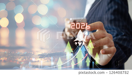 Happy New Year 2026 Businessman and rocket soars to 2026 to start and welcome the upcoming new year. 126408782