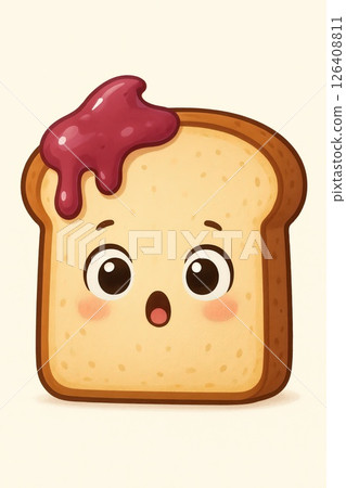 Cute cartoon slice of toast with a surprised face and berry jam on top against a cream background. Concept of playful food illustration, kawaii design, and fun breakfast character 126408811