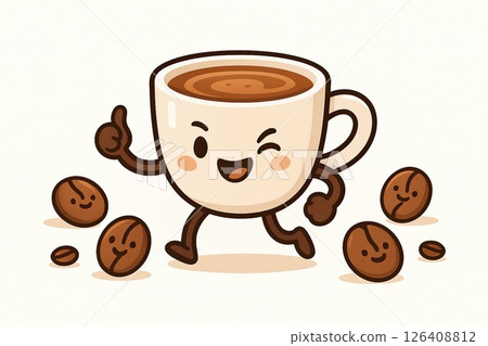 Cute cartoon coffee cup character winking and walking among smiling coffee beans on a light background. Concept of energetic morning vibe, caffeine boost, and playful beverage illustration 126408812