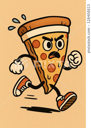 Funny cartoon slice of pepperoni pizza jogging with a determined face, sweat drops, and sneakers. Concept of humorous food character, fitness parody, and energetic illustration 126408813