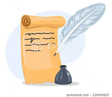 Ancient paper scroll with text and pen for writing letter in ink. Medieval parchment. Inkwell with feather quill. Old document. Historical message. Vintage roll sheet. Vector concept 126408897