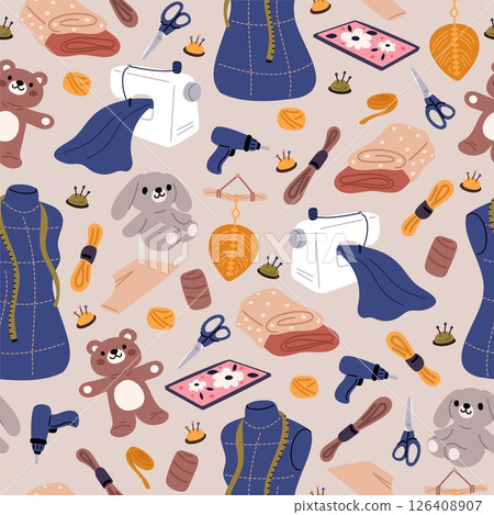Craft and hobby tools seamless pattern. Sewing machine. Tailors needles and scissors. Fabric threads. Handmade soft toys. Needlework artisan. Embroidery workshop. Vector background 126408907