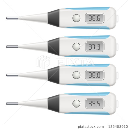 Electronic thermometer for measuring body temperature. Realistic medical diagnostic instrument. Celsius degree scale display numbers. Heat measurement. Vector health care equipment set Electronic thermometer for measuring body temperature. Realistic medical diagnostic instrument. Celsius degree scale display numbers. Heat measurement. Vector health care equipment set 126408910
