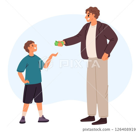 Father gives cash to son for pocket money. Financial literacy. Kids earnings and savings. Happy boy receives cash banknotes. Parent supports child. Family parenting. Vector concept Father gives cash to son for pocket money. Financial literacy. Kids earnings and savings. Happy boy receives cash banknotes. Parent supports child. Family parenting. Vector concept 126408919