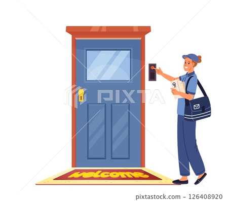 Female mailman with stack of letters rings front door house. Envelopes delivery to home porch. Postal service. Mail courier. Correspondence shipping. Woman in work uniform. Vector concept 126408920
