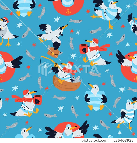 Fun cartoon seagulls seamless pattern. Seabird flying. Marine birdie with coffee cup. Fish on seawater. Happy water animal character with hat and scarf. Sailor costume. Vector background Fun cartoon seagulls seamless pattern. Seabird flying. Marine birdie with coffee cup. Fish on seawater. Happy water animal character with hat and scarf. Sailor costume. Vector background 126408923