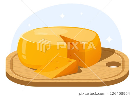 Large piece yellow cheese with slice cut off lies on wooden cutting board. Dairy food. Delicious snack chunk. Gourmet product. Cheddar and parmesan appetizer on timber desk. Vector concept 126408964