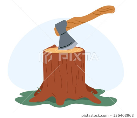 Lumberjacks axe sticking out of wooden stump. Carpentry tool. Woodworking equipment. Wood timber chopping. Tree cutting with ax. Plank woodcutter. Forestry instrument. Vector concept 126408968