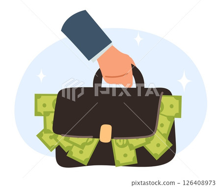 Rich businessman carries business suitcase full of money bills. Hand holding bag with dollar banknotes. Financial cash savings. Currency investment. Arm with briefcase. Vector concept 126408973