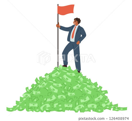 Rich businessman with gold and money mountain. Business achievement. Dollar banknotes rock. Cash currency heap. Finance success. Billionaire wealth. Man reaches goal. Vector concept 126408974