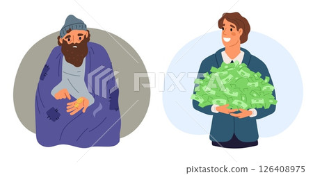 Rich businessman with lots of money in hand and poor beggar with coins on palm. Social inequality. Homeless man asking alms. Millionaire holding savings. Wealth or poverty. Vector concept Rich businessman with lots of money in hand and poor beggar with coins on palm. Social inequality. Homeless man asking alms. Millionaire holding savings. Wealth or poverty. Vector concept 126408975