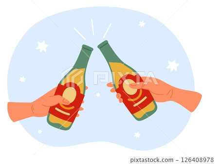 Two hands holding beer bottles. Buddies drink alcohol at bar. Arms clinking ale glasses. Boozer friends toast. Holiday cheers. Pub party. Celebrate gesture. Foam beverage. Vector concept 126408978