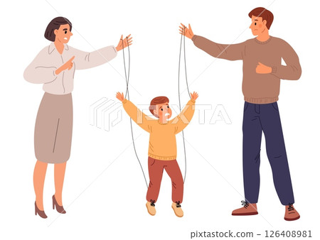 Young parents woman and man manipulate child like puppet. Marionette victim. Family control. Domination authority. Abuse parenthood power. Kid hanging on puppetry ropes. Vector concept Young parents woman and man manipulate child like puppet. Marionette victim. Family control. Domination authority. Abuse parenthood power. Kid hanging on puppetry ropes. Vector concept 126408981