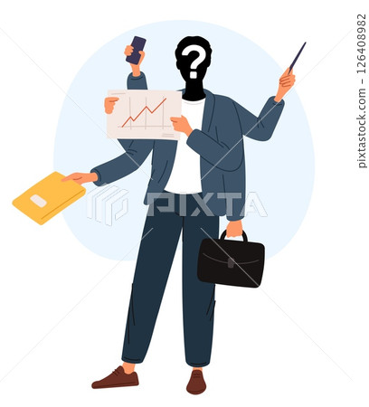 Anonymous multitasking businessman. Unknown man with question mark on head. Successful business person with lots of hands. Effective management. Workaholic employee. Vector concept 126408982