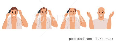 Baldness stages. Hair loss process. Bald man head. Human balding. Hairless male. Trichology disease symptoms progress. Hairstyle density. Haircut or calvity. Vector alopecia concept 126408983