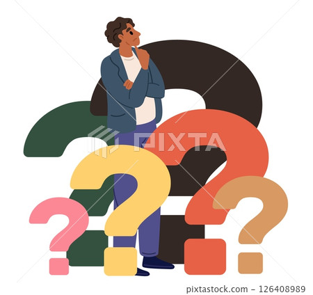 Businessman surrounded by lots questions. Man thinking about problems. Pensive persons with interrogatory marks. Thoughtful guy searching solution and finding answers. Vector concept Businessman surrounded by lots questions. Man thinking about problems. Pensive persons with interrogatory marks. Thoughtful guy searching solution and finding answers. Vector concept 126408989