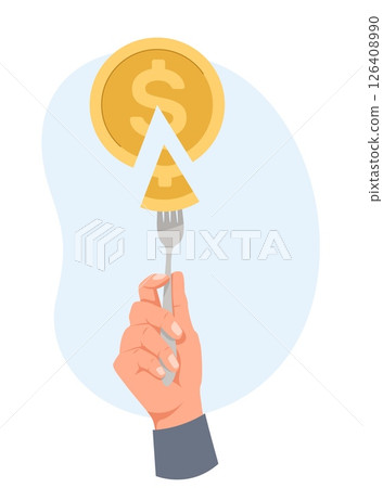 Businessman with fork in hand picks up piece of coin. Split payment for dinner. Dollar cash. Restaurant financial paying. Lunch gratuity or cafe bill. Quarter of money. Vector concept Businessman with fork in hand picks up piece of coin. Split payment for dinner. Dollar cash. Restaurant financial paying. Lunch gratuity or cafe bill. Quarter of money. Vector concept 126408990