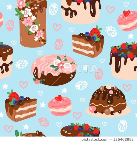Celebration pies. Holiday pastry seamless pattern. Sweet fruit cakes with berry cream and chocolate glaze. Birthday food. Repeated print. Delicious confectionery. Vector background Celebration pies. Holiday pastry seamless pattern. Sweet fruit cakes with berry cream and chocolate glaze. Birthday food. Repeated print. Delicious confectionery. Vector background 126408992