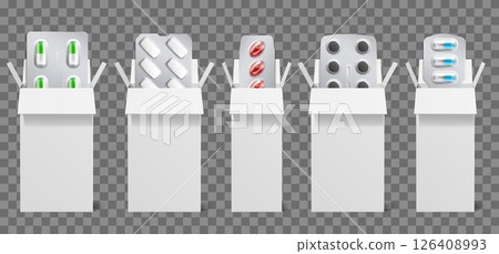 Clean white medicine boxes with medical tablets. 3D pills in blisters. Drugs container mockup. Pharmaceutical realistic packaging. Medication and supplement capsules. Vector packages set 126408993