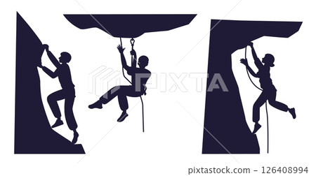 Climbers men and women extreme sports. Alpinist climbing. Rock climb wall. Bouldering training. Mountaineering workout. People on safety ropes. Mountaineer black silhouettes vector set Climbers men and women extreme sports. Alpinist climbing. Rock climb wall. Bouldering training. Mountaineering workout. People on safety ropes. Mountaineer black silhouettes vector set 126408994