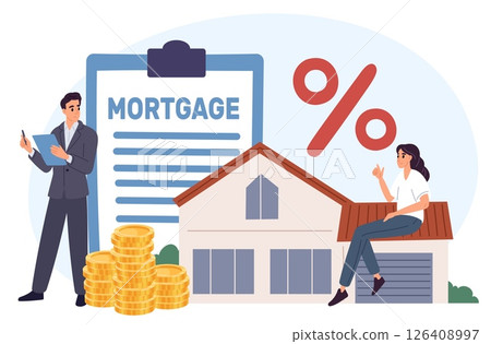 Couple taking out mortgage. Man and woman buying or renting house. Real estate sale. Residential building purchase. Realtors sell property. Debt percent. Loan contract. Vector concept 126408997