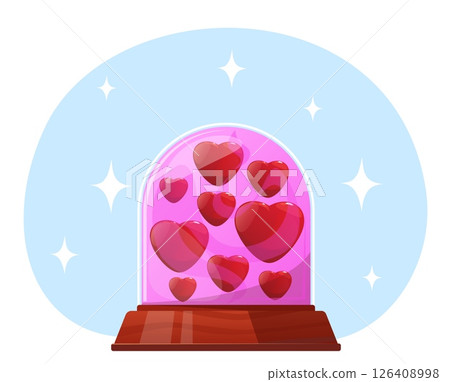 Crystal ball with red hearts inside. Valentines Day gift. Love relationship. Glass sphere on stand. Romantic date. Bubble shape on base. Wedding anniversary souvenir. Vector holiday present Crystal ball with red hearts inside. Valentines Day gift. Love relationship. Glass sphere on stand. Romantic date. Bubble shape on base. Wedding anniversary souvenir. Vector holiday present 126408998