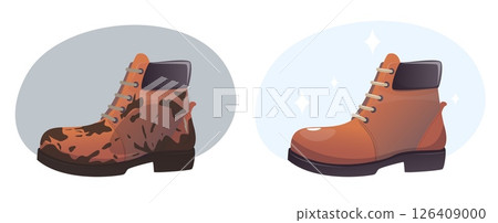 Dirty soiled and clean washed shoe. Waterproof protection for leather rough boots. Mud splatters. Footwear laundry. Polished footgear. Care of clothes. Sneaker cleaning. Vector concept Dirty soiled and clean washed shoe. Waterproof protection for leather rough boots. Mud splatters. Footwear laundry. Polished footgear. Care of clothes. Sneaker cleaning. Vector concept 126409000