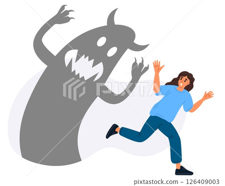 Frightened woman with phobias runs away from monster in fear. Afraid of shadow. Angry phantom. Horror illusion. Scary boogeyman. Panicked person escaping from ghost. Vector concept Frightened woman with phobias runs away from monster in fear. Afraid of shadow. Angry phantom. Horror illusion. Scary boogeyman. Panicked person escaping from ghost. Vector concept 126409003