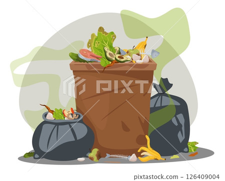 Full litter box with trash bags. Food waste and smelly odor. Stinking pile of garbage. Overloaded dirty dustbins. Rubbish heap on street. Junk pollution utilization. Vector concept 126409004
